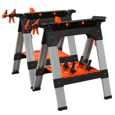 #FallDealsforYou PONY 2-Pack Clamping Sawhorses, 1200 LBS Load Capacity, 30-3/4 Folding Sawhorse with 12” F Clamps, Bench...