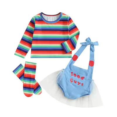Toddler Girl Halloween Chucky Costume Set Rainbow Stripe Print Long Sleeve Tops + Letter Pattern Romper + Long Socks