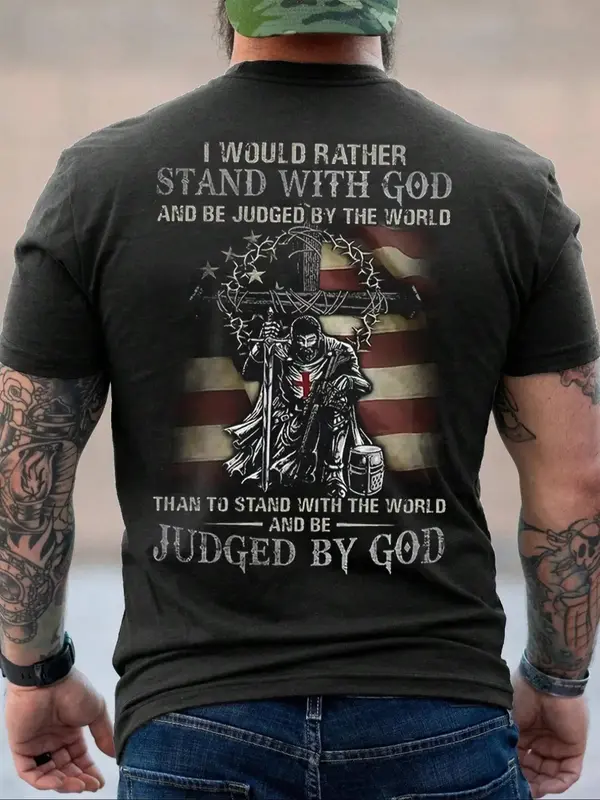 Men's Letter & Figure Graphic Print Round Neck Tee, Regular Fit Casual Short Sleeve T-Shirt for Summer, Menswear for Daily W...