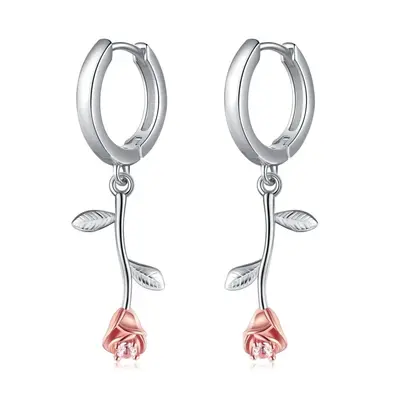 Sterling Silver Two-tone Leaves & Rose Drop Earrings for Women