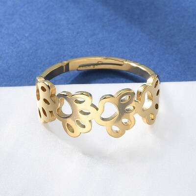 Ion Plating(IP) 201 Stainless Steel Hollow Out Dog Paw Prints Adjustable Ring for Women