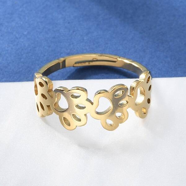 Ion Plating(IP) 201 Stainless Steel Hollow Out Dog Paw Prints Adjustable Ring for Women