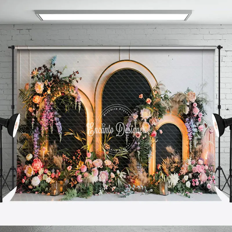 Aperturee White Wall Black Arch Floral Lighted Wedding Backdrop | Custom Rustic Wedding Backdrop | Wedding Stage Backdrop | W...