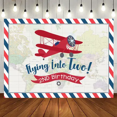 Aperturee World Map Red Airplane Happy 2nd Birthday Backdrop