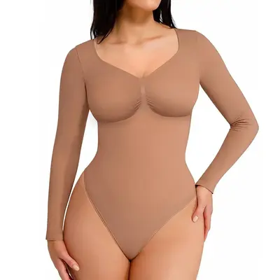 FeelinGirl Women's Seamless Long Sleeve Thong Bodysuit for Tops and Comfortable for Lady Soft Womenswear live stream de...