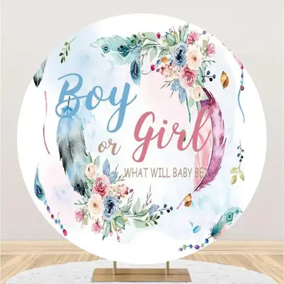 Blue Pink Floral Leaves Round Gender Reveal Backdrop - Aperturee