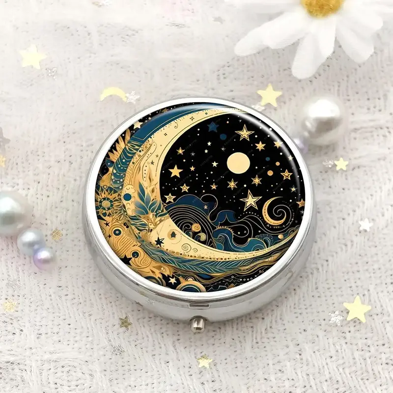 Moon & Star Pattern Round Storage Box, Portable 3-grid Mini Storage Box with Mirror, Travel Pill Box, Home Organizer for Home...