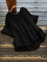 【plus Size】 Solid High Low Hem Blouse, Casual Half Sleeve Round Neck Top for Summer, Women's Plus Clothing for Daily Wear...