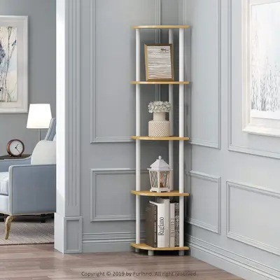 HOMLUX Turn-N-Tube 5-Tier Corner Display Rack – Beech/White, Multipurpose Shelving for Kitchen & Decor