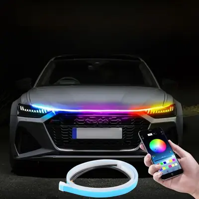 Car LED Hood Light Strip, RGB Color Changing Engine Cover Light Strip, App Remote Control Car Decorative Light, Universal Car...