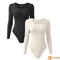 OQQ Women's Ribbed Bodysuit Set - Sexy  Round Neck Long Sleeve 2 Piece - Tops, Womenswear