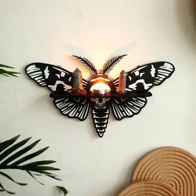 Wooden Moth Design Wall Decor, 1 Count Gothic Boho Wall Art, Wall Mounted Ornament Candle Holder  for Living Room Bedroom Off...