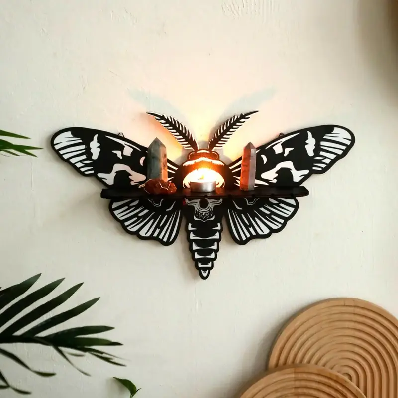 Wooden Moth Design Wall Decor, 1 Count Gothic Boho Wall Art, Wall Mounted Ornament Candle Holder  for Living Room Bedroom Off...