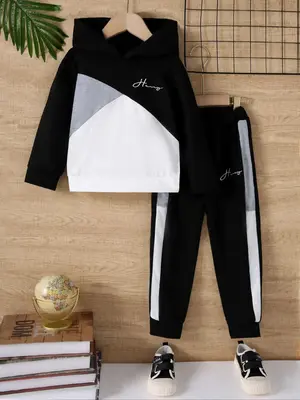 Two-piece Set Boy's Letter Embroidery Sweatshirt & Patchwork Side Stripe Sweatpants Set, Casual Long Sleeve Hoodie & Jogger P...