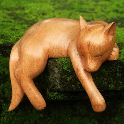 NOVICA Sleepy Kintamani Dog Artisan Carved Balinese Wood Sculpture of a Dog