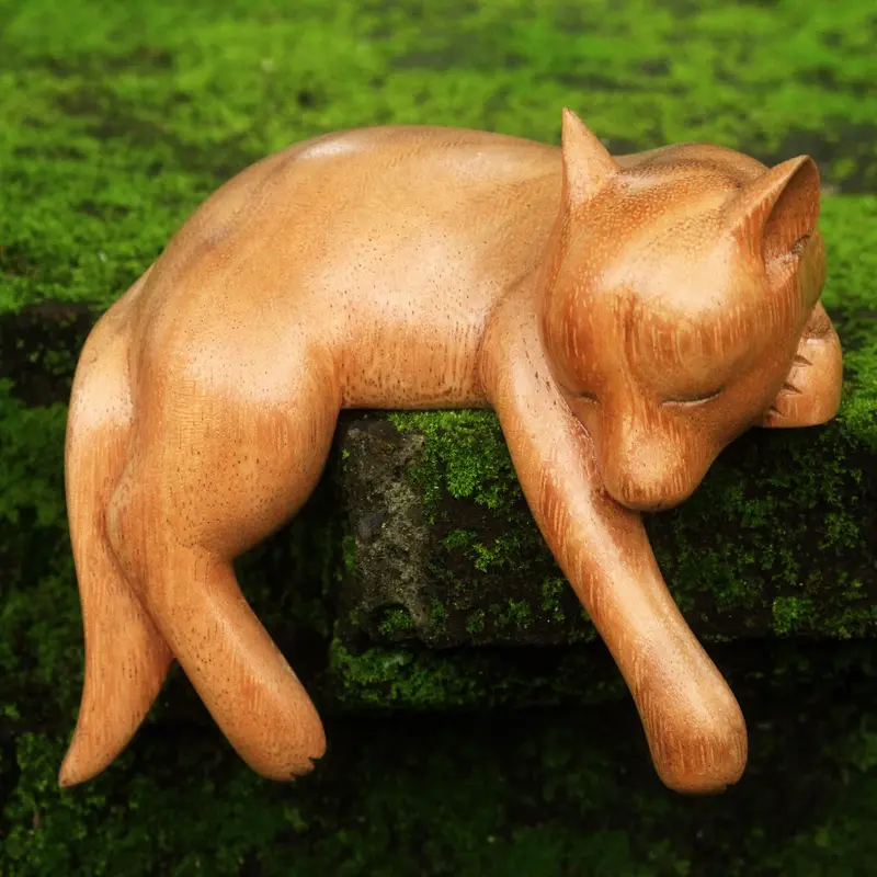 NOVICA Sleepy Kintamani Dog Artisan Carved Balinese Wood Sculpture of a Dog
