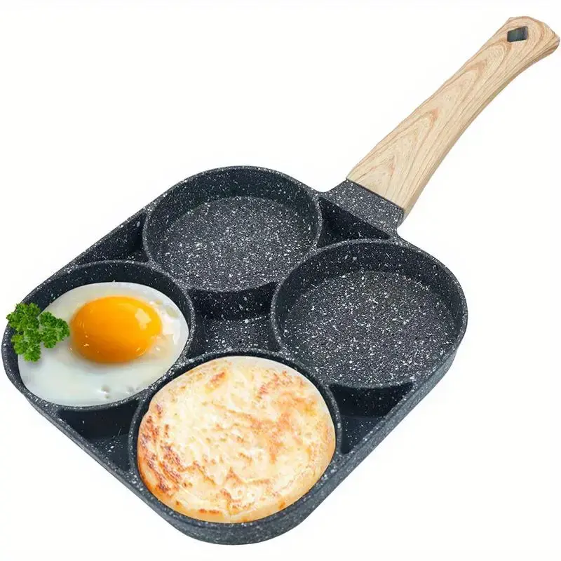 4-grid Egg Frying Pan, 1 Count Non-stick Egg Frying Pan with Wooden Handle, Kitchen Cookware for Frying Egg, Pancake, Omelett...