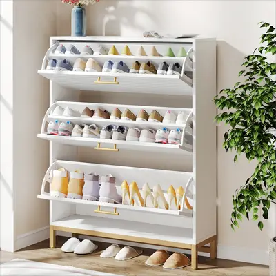 Tribesigns 3-Tier Shoe Cabinet, Shoe Storage Cabinet with Wall Mounted Coat Rack and 3 Flip Doors Shoe Organizer