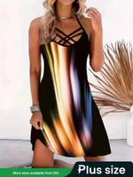 【Plus Size】Colorful Print Criss Cross Cami Dress, Fashion Spaghetti Strap Sleeveless Graphic Dress, Dresses for Women, Wo...