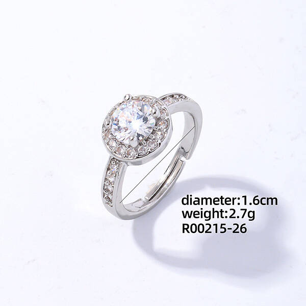 Flat Round Platinum Brass Adjustable Ring with Cubic Zirconia