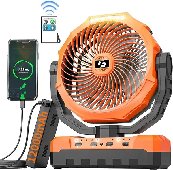 ChillGo 12000mAh/24000mAh ChillGo Camping Fan - 9-Inch Detachable Rechargeable Battery Operated Fan with Light & Hook for Te...