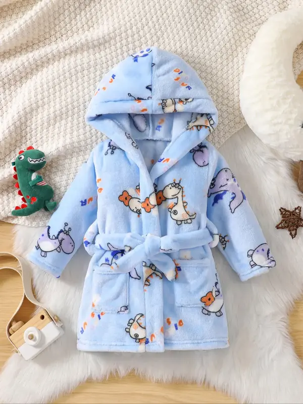 Cute Hooded Sleepwear for Kids Boys Girls, Dinosaur Bear Unicorn Floral Print Soft Bathrobe Home Clothes, Fits Ages 6 Months ...