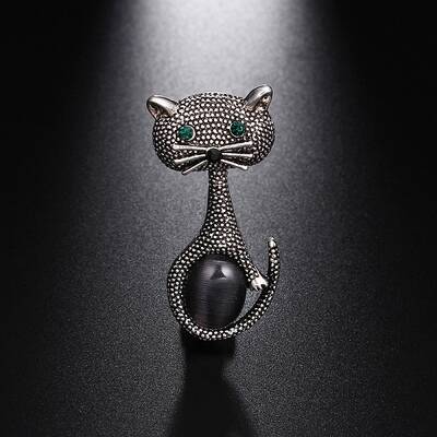 Cat Shaped Dyed Opalite & Rhinestone Brooch Pin