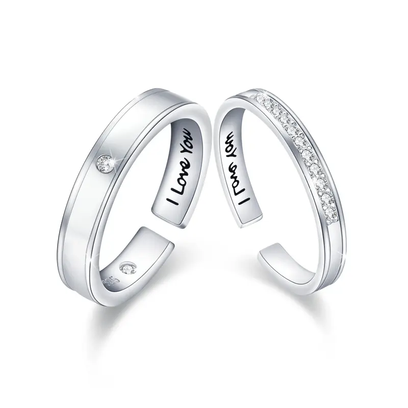 Sterling Silver Round Cubic Zirconia Couple Rings With Engraved Word