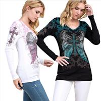 6 Styles ANGEL WING McBling Top Rhinestone Ribbed Cotton Shirt Fitted Casual Comfort street Comfortable Womenswear Blouse Cry...