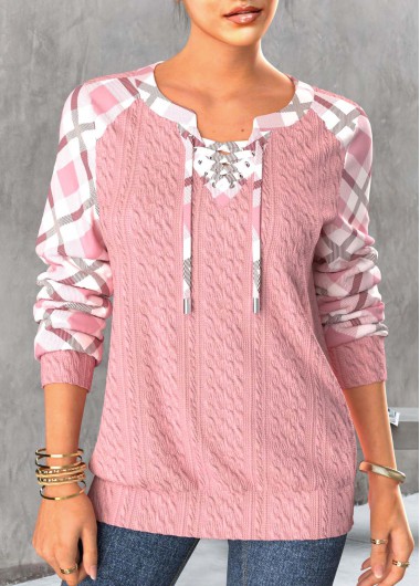 Modlily Light Pink Lace Up Plaid Long Sleeve Sweatshirt - L