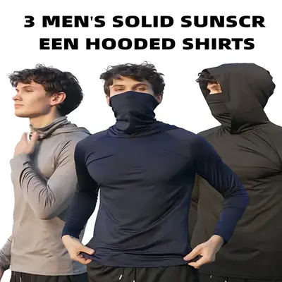 OKP 3 Pack UPF Men's Sun Protection Hoodie with Mask Long Sleeve T-shirt Hoodies, Breathable Quick Dry Lightweight Fishing Sh...
