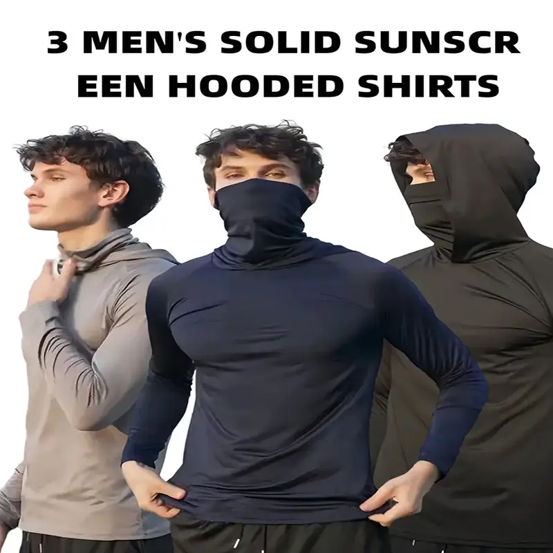 OKP 3 Pack UPF Men's Sun Protection Hoodie with Mask Long Sleeve T-shirt Hoodies, Breathable Quick Dry Lightweight Fishing Sh...