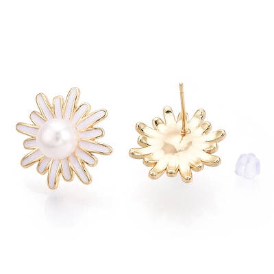 Daisy Flower Natural Pearl Stud Earrings with Enamel