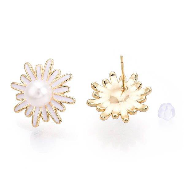Daisy Flower Natural Pearl Stud Earrings with Enamel