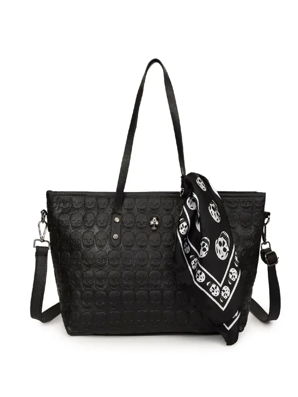 Women's Street Trend Skull Engraved Tote Bag, Trendy Large Capacity Vintage Tote Bag, Chic All-match Shoulder Bag for Daily &...