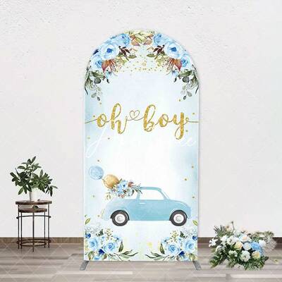 Oh Boy Blue Floral Car Arch Baby Shower Backdrop