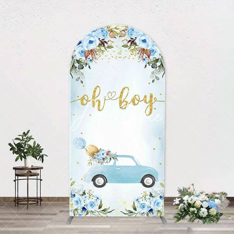 Oh Boy Blue Floral Car Arch Baby Shower Backdrop