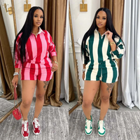 two-piece set woman Women's Clothing Fashion Striped Sets Long Sleeve Polo-Neck T Shirt and Shorts 2025 Spring Summer 2 Two P...