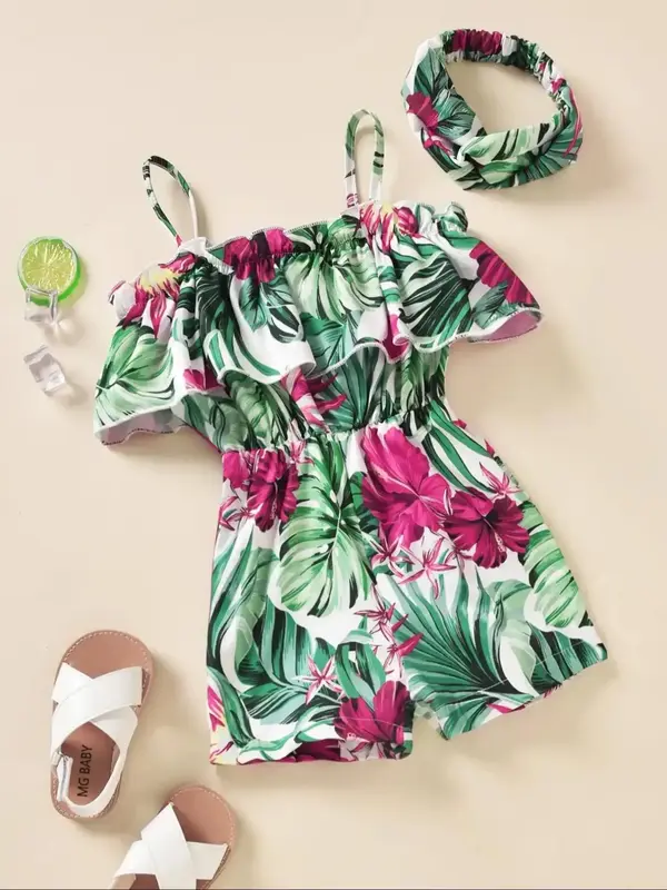 Toddler Girl's Tropical Print Ruffle Trim Cami Romper & Twist Hair Band Set, Boho Style Spaghetti Strap Sleeveless Romper for...