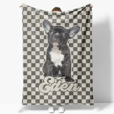 Aperturee Custom Pet Photo Name Grey And White Plaid Blanket - Aperturee