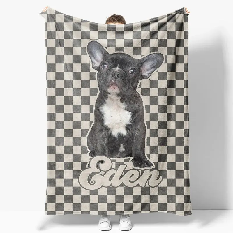 Aperturee Custom Pet Photo Name Grey And White Plaid Blanket - Aperturee