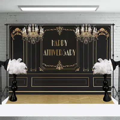 Gold Pattern Black Palace Wall Anniversary Backdrop - Aperturee
