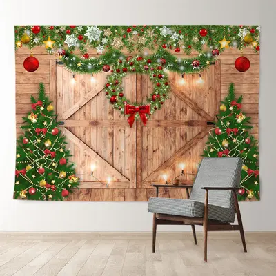 Aperturee Red Balls Wreath Wood Door Christmas Tree Backdrop
