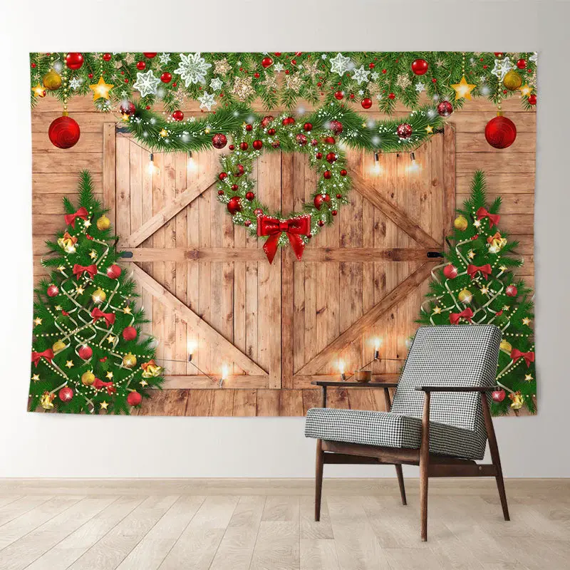 Aperturee Red Balls Wreath Wood Door Christmas Tree Backdrop