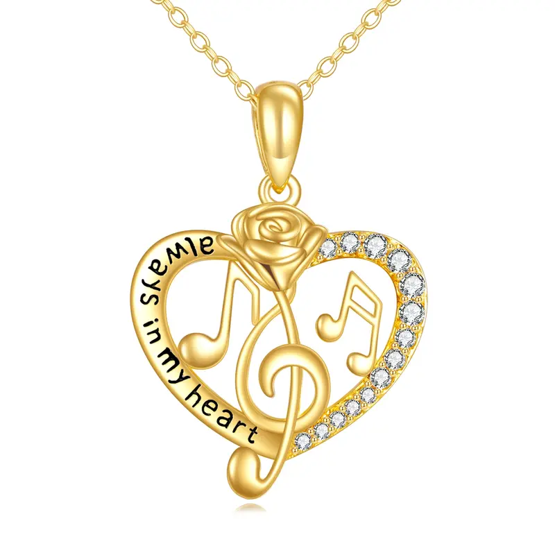 14K Gold Round Cubic Zirconia Rose & Heart & Music Symbol Pendant Necklace with Engraved Word
