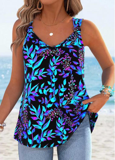 Modlily Cyan Leaf Print Tummy Coverage Strappy Tank Top - XXL