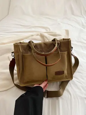 Fashionable Plain Canvas Tote Bag, Casual Large Capacity Shoulder Bag for Women & Men, Trendy Versatile High-quality Daily Co...