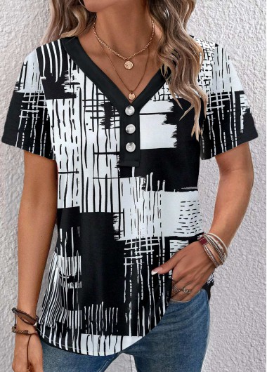 Modlily Black Button Graffiti Print Short Sleeve V Neck Blouse - S