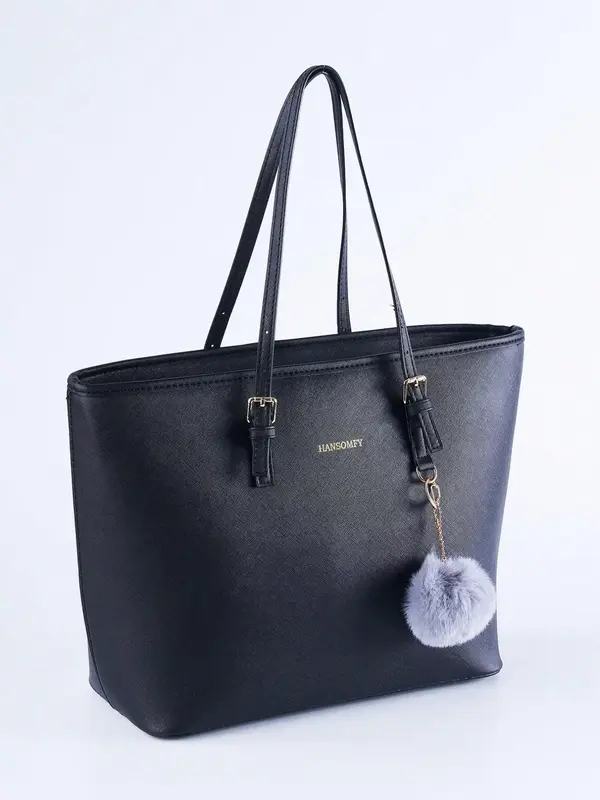 Women's Solid PU Leather Zip Tote Bag & Pouch Bag Set, with Pom Pom, Summer Essentials, Summer Travel Essentials, Elegant Tre...