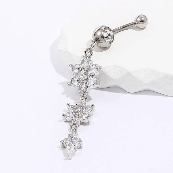 Brass Clear Shiny Cubic Zirconia Flower Belly Button Rings for Ladies Daily Vacation Wear